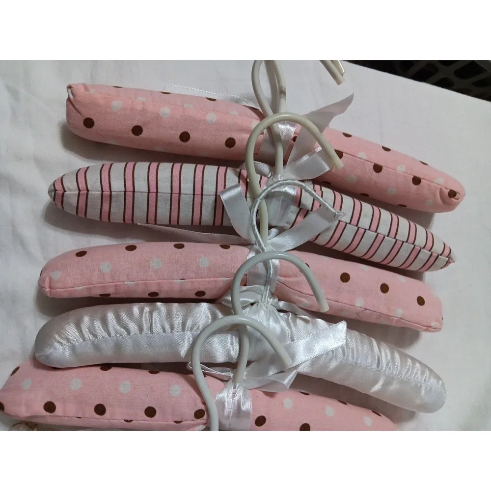 5 Baby Girl Padded Hangers Pink and Brown Fabric Satin 10